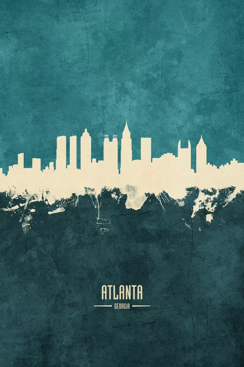White On Teal Atlanta Georgia Skyline by Michael Tompsett wall art