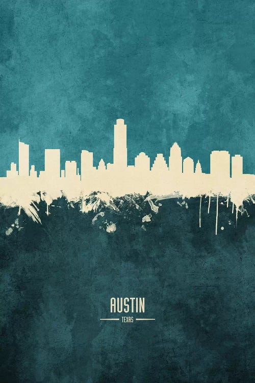 White On Teal Austin Texas Skyline by Michael Tompsett wall art