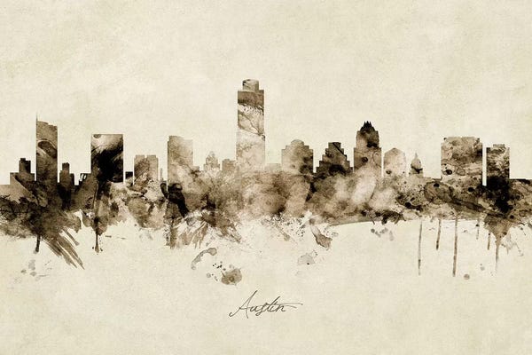 Industrial Office: Ink Splash Austin Texas Skyline by Michael Tompsett