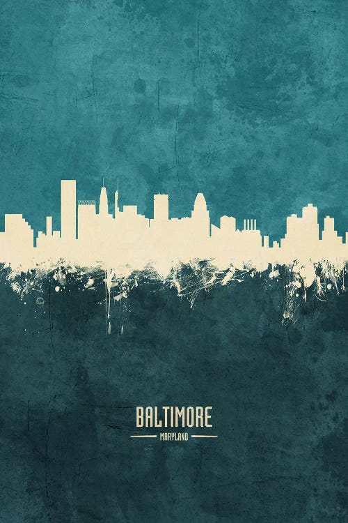 White On Teal Baltimore Maryland Skyline by Michael Tompsett wall art