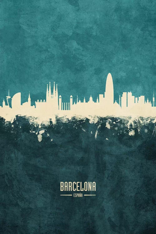 White On Teal Barcelona Spain Skyline