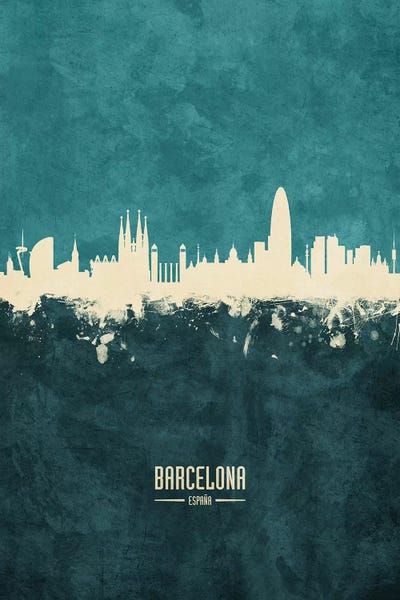 Catalonia: White On Teal Barcelona Spain Skyline by Michael Tompsett