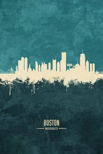 Massachusetts: White On Teal Boston Massachusetts Skyline by Michael Tompsett