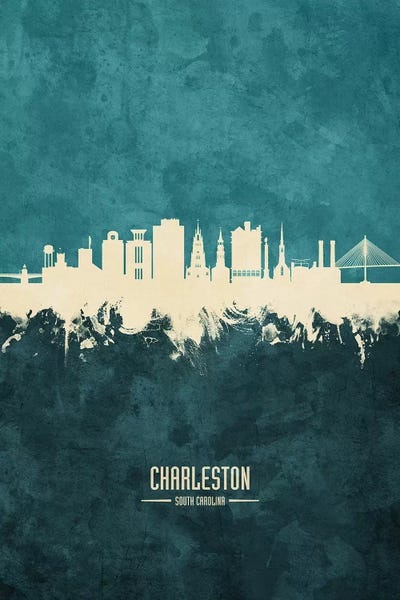 South Carolina: White On Teal Charleston South Carolina Skyline by Michael Tompsett