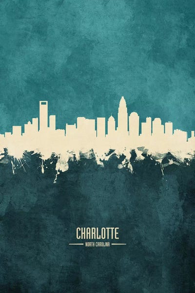Michael Tompsett: White On Teal Charlotte North Carolina Skyline by Michael Tompsett