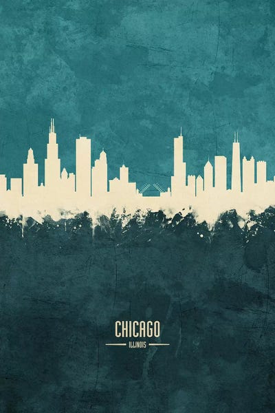 Chicago Skylines: White On Teal Chicago Illinois Skyline by Michael Tompsett