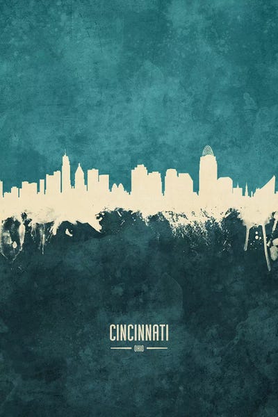 Ohio: White On Teal Cincinnati Ohio Skyline by Michael Tompsett