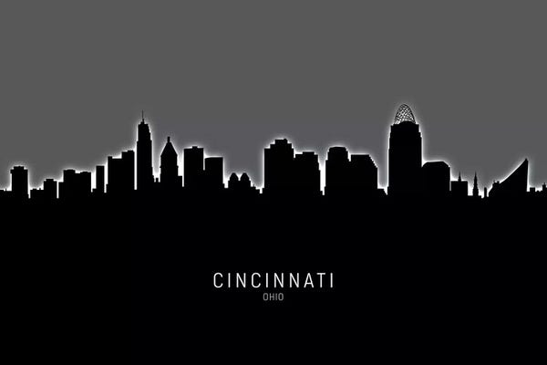 Ohio: Black On Gray Cincinnati Ohio Skyline by Michael Tompsett