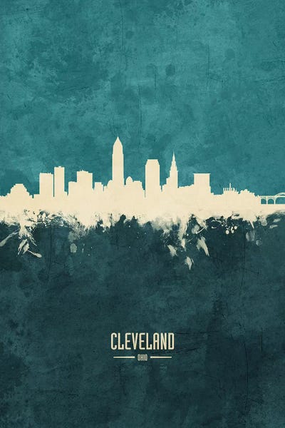 Ohio: White On Teal Cleveland Ohio Skyline by Michael Tompsett