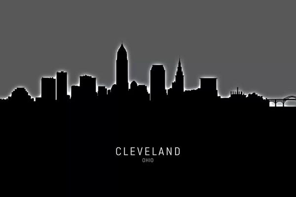 Ohio: Black On Gray Cleveland Ohio Skyline by Michael Tompsett