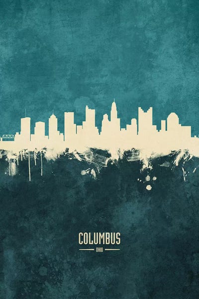 Industrial Office: White On Teal Columbus Ohio Skyline by Michael Tompsett