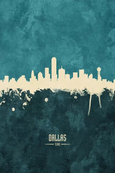 Michael Tompsett: White On Teal Dallas Texas Skyline by Michael Tompsett