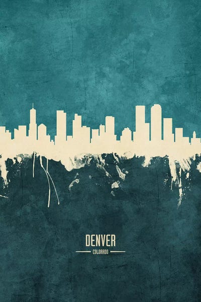 Michael Tompsett: White On Teal Denver Colorado Skyline by Michael Tompsett
