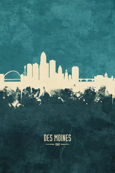 Iowa: White On Teal Des Moines Iowa Skyline by Michael Tompsett