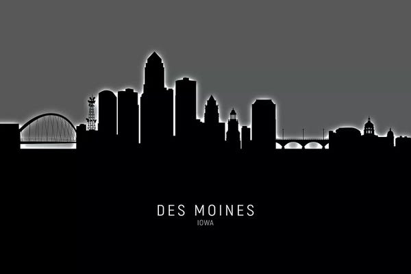 Iowa: Black On Gray Des Moines Iowa Skyline by Michael Tompsett