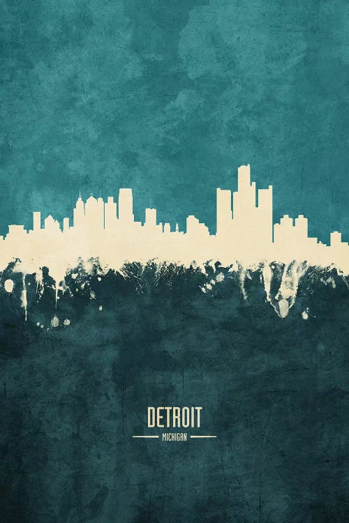 White On Teal Detroit Michigan Skyline