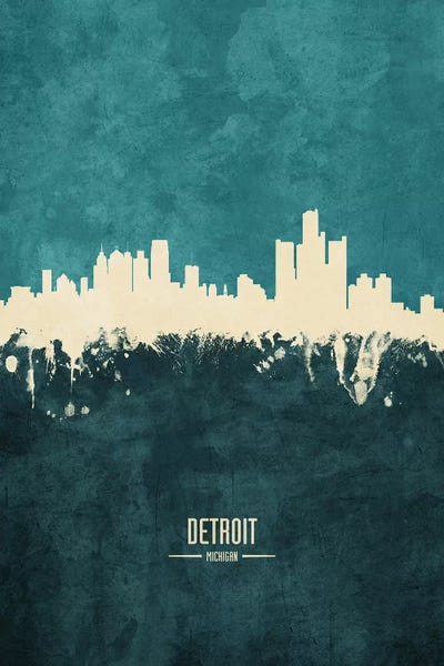 Michael Tompsett: White On Teal Detroit Michigan Skyline by Michael Tompsett