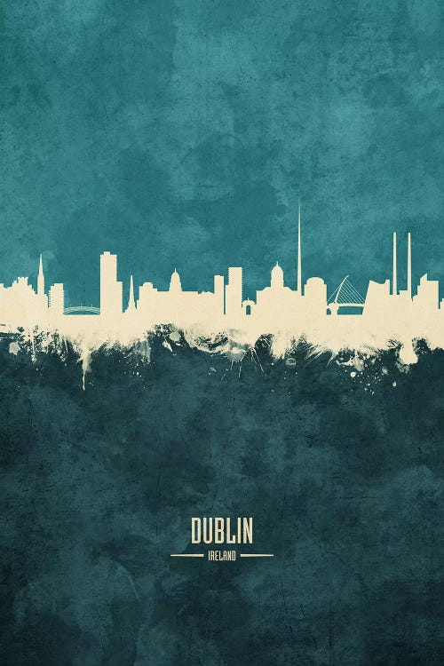 White On Teal Dublin Ireland Skyline by Michael Tompsett wall art