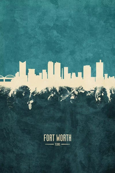 Fort Worth: White On Teal Fort Worth Texas Skyline by Michael Tompsett