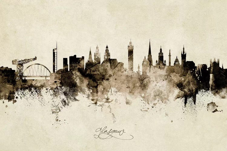 Ink Splash Glasgow Scotland Skyline by Michael Tompsett wall art
