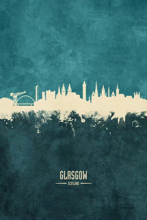 White On Teal Glasgow Scotland Skyline by Michael Tompsett wall art