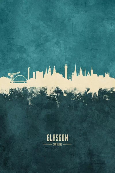 Glasgow: White On Teal Glasgow Scotland Skyline by Michael Tompsett