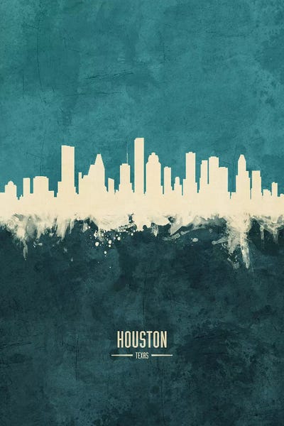 Michael Tompsett: White On Teal Houston Texas Skyline by Michael Tompsett