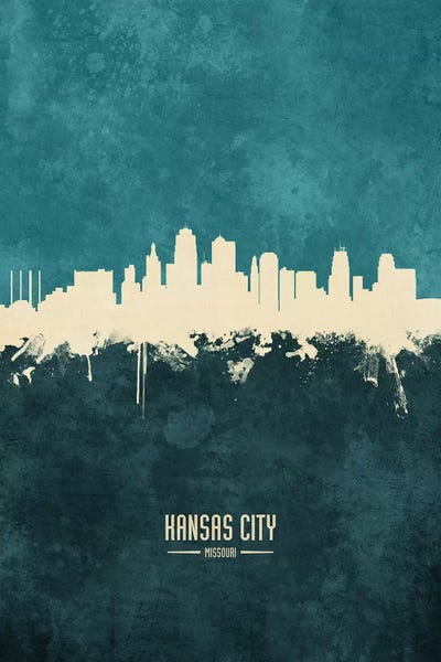 Missouri: White On Teal Kansas City Missouri Skyline by Michael Tompsett