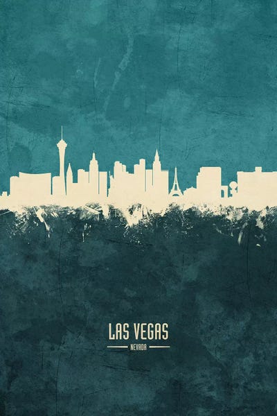 Las Vegas Skylines: White On Teal Las Vegas Nevada Skyline by Michael Tompsett