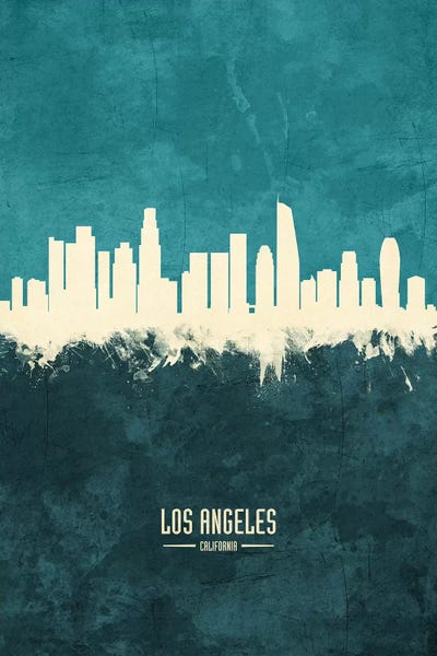 Los Angeles: White On Teal Los Angeles California Skyline by Michael Tompsett