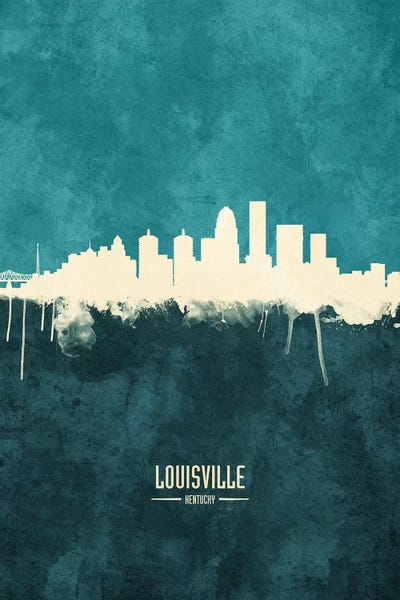 Kentucky: White On Teal Louisville Kentucky City Skyline by Michael Tompsett