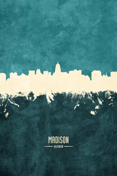 Michael Tompsett: White On Teal Madison Wisconsin Skyline by Michael Tompsett