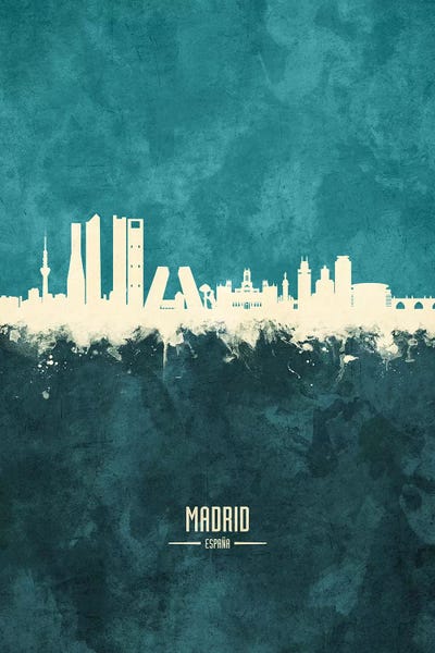 Community Of Madrid: White On Teal Madrid Spain Skyline by Michael Tompsett