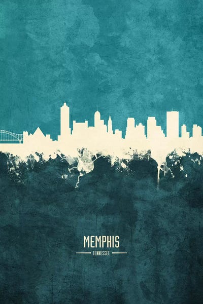 Memphis: White On Teal Memphis Tennessee Skyline by Michael Tompsett