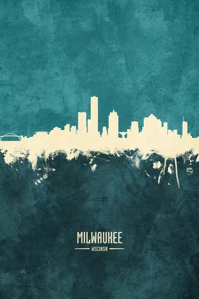 Wisconsin: White On Teal Milwaukee Wisconsin Skyline by Michael Tompsett