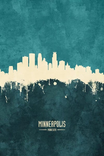 Minnesota: White On Teal Minneapolis Minnesota Skyline by Michael Tompsett