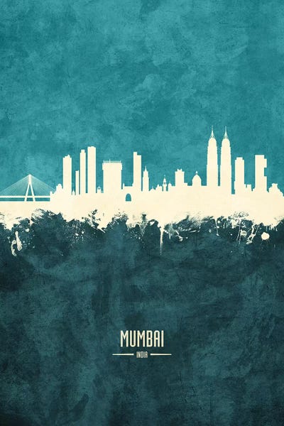 Maharashtra: White On Teal Mumbai Skyline India Bombay by Michael Tompsett