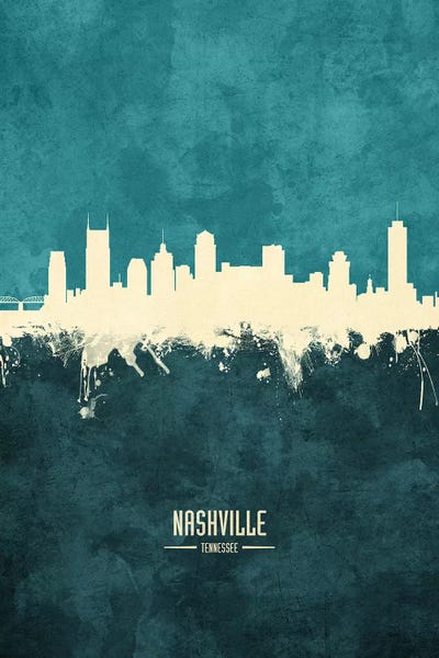 Tennessee: White On Teal Nashville Tennessee Skyline by Michael Tompsett