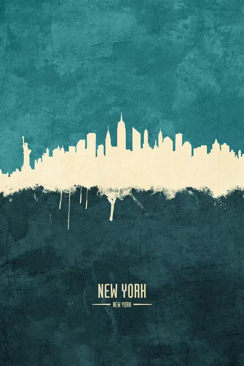 White On Teal New York City Skyline by Michael Tompsett wall art