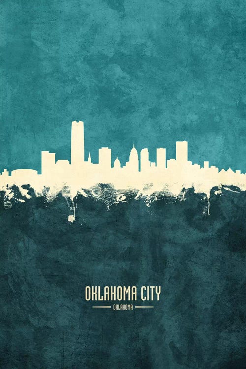 White On Teal Oklahoma City Skyline by Michael Tompsett wall art