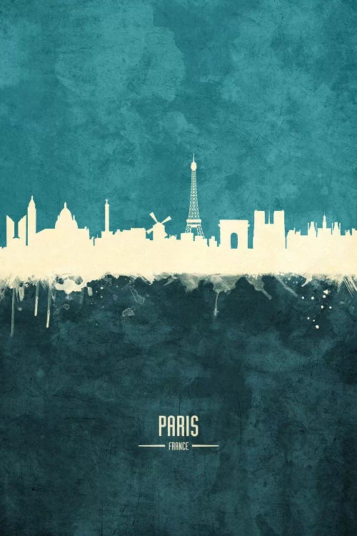 White On Teal Paris France Skyline by Michael Tompsett wall art