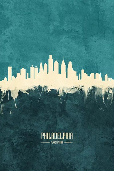Industrial Office: White On Teal Philadelphia Pennsylvania Skyline by Michael Tompsett