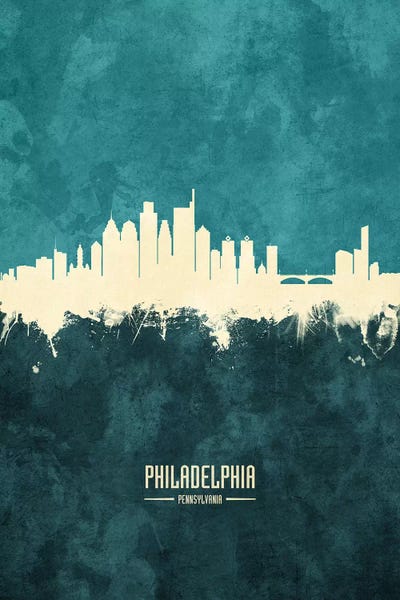Pennsylvania: White On Teal II Philadelphia Pennsylvania Skyline by Michael Tompsett