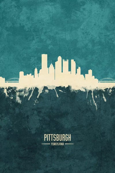 Pittsburgh Skylines: White On Teal Pittsburgh Pennsylvania Skyline by Michael Tompsett
