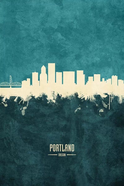 Oregon: White On Teal Portland Oregon Skyline by Michael Tompsett