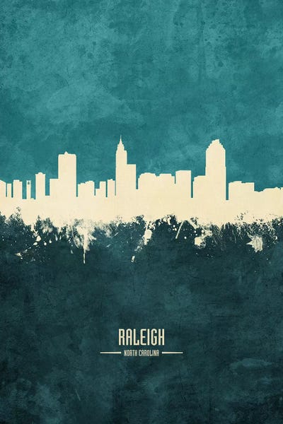 Raleigh: White On Teal Raleigh North Carolina Skyline by Michael Tompsett