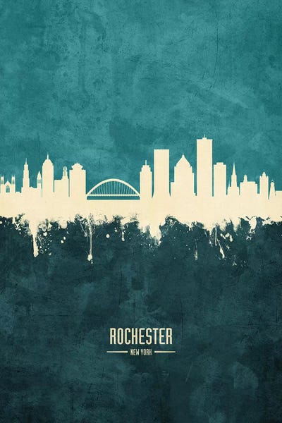 Rochester: White On Teal Rochester New York Skyline by Michael Tompsett