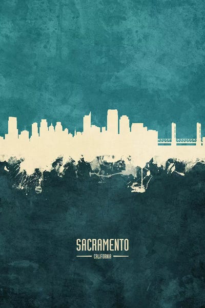 Sacramento: White On Teal Sacramento California Skyline by Michael Tompsett