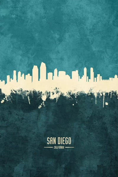 San Diego: White On Teal San Diego California Skyline by Michael Tompsett