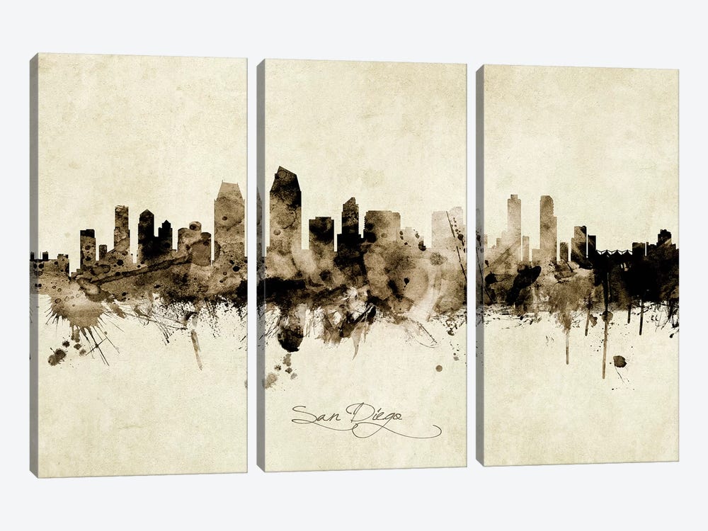 San Diego California Skyline by Michael Tompsett 3-piece Canvas Print
